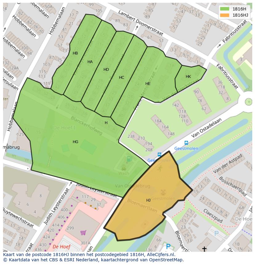 Afbeelding van het postcodegebied 1816 HJ op de kaart.