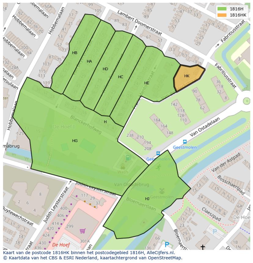 Afbeelding van het postcodegebied 1816 HK op de kaart.
