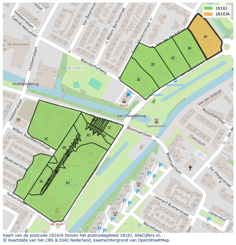 Afbeelding van het postcodegebied 1816 JA op de kaart.