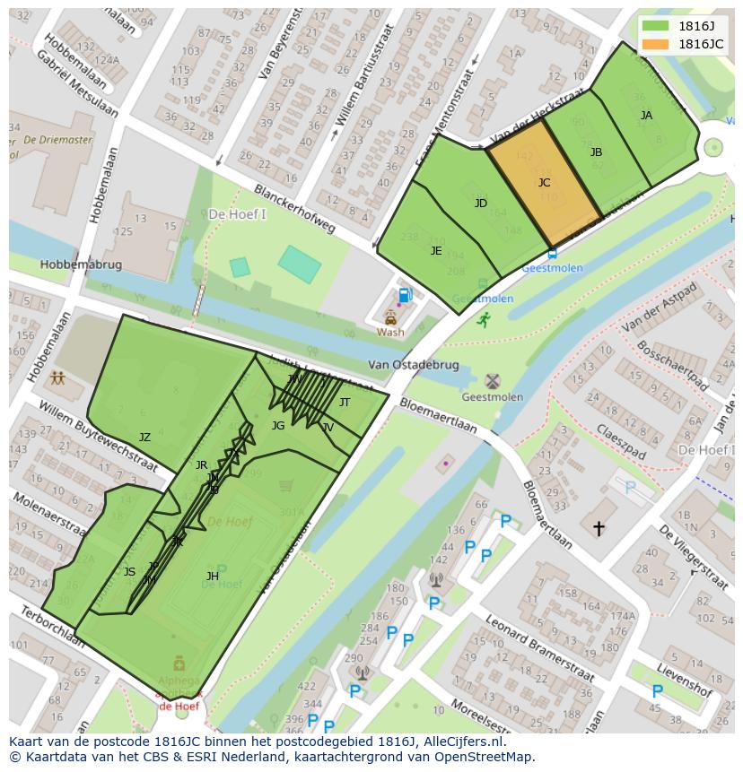 Afbeelding van het postcodegebied 1816 JC op de kaart.