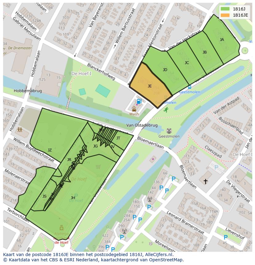 Afbeelding van het postcodegebied 1816 JE op de kaart.
