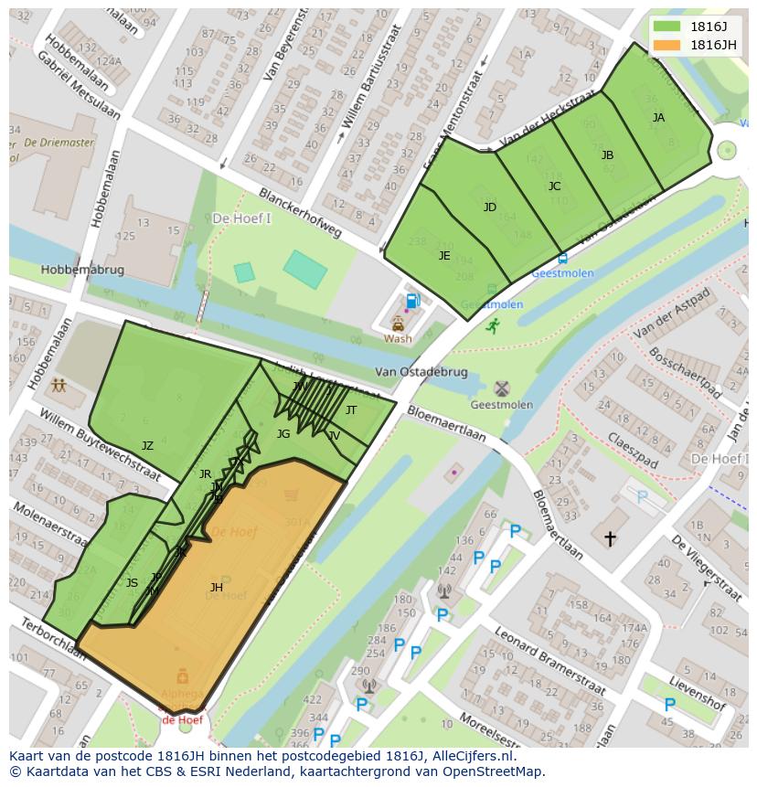 Afbeelding van het postcodegebied 1816 JH op de kaart.