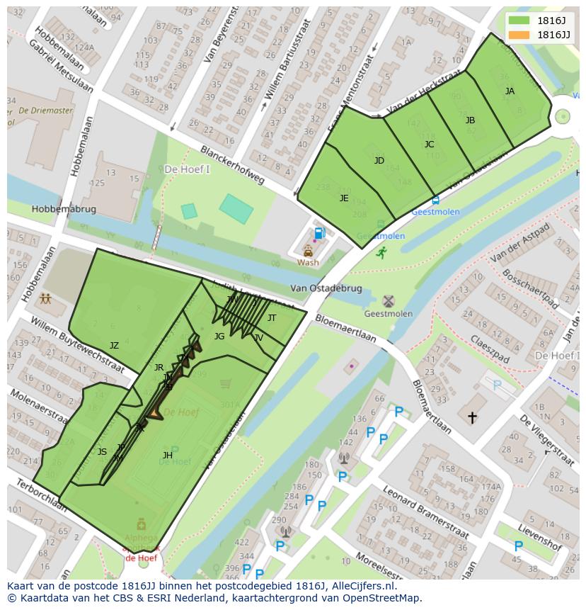 Afbeelding van het postcodegebied 1816 JJ op de kaart.