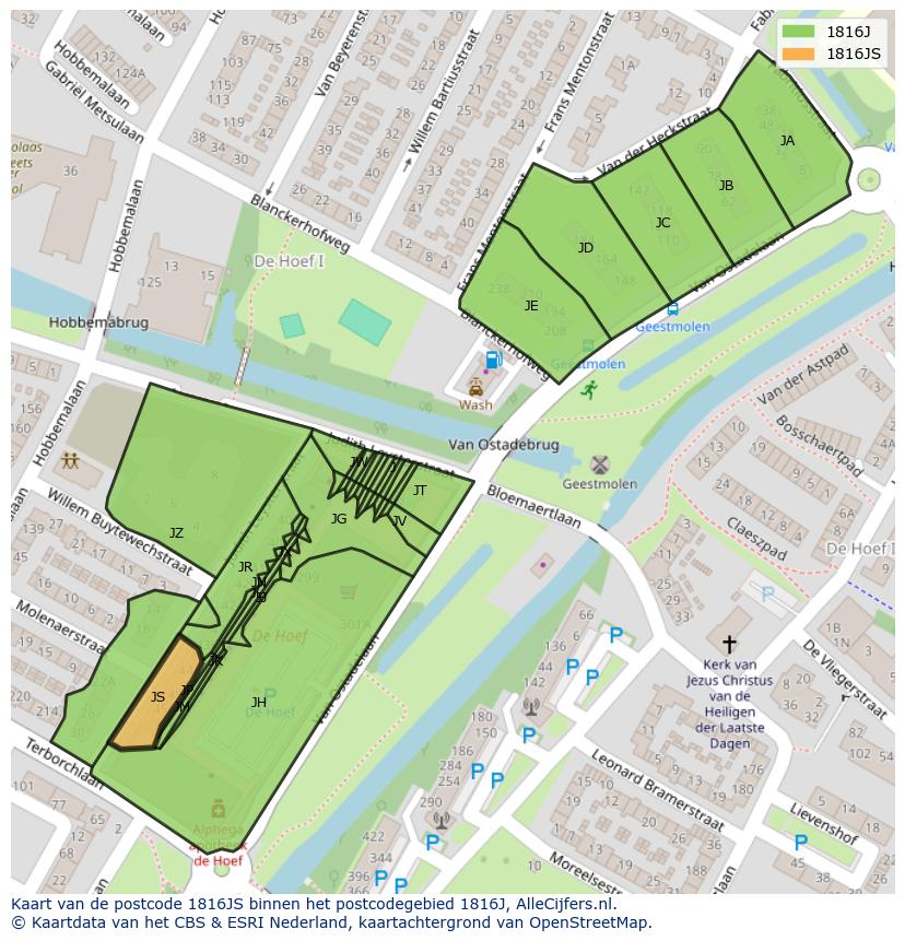 Afbeelding van het postcodegebied 1816 JS op de kaart.