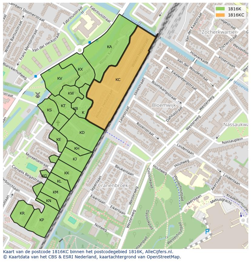 Afbeelding van het postcodegebied 1816 KC op de kaart.