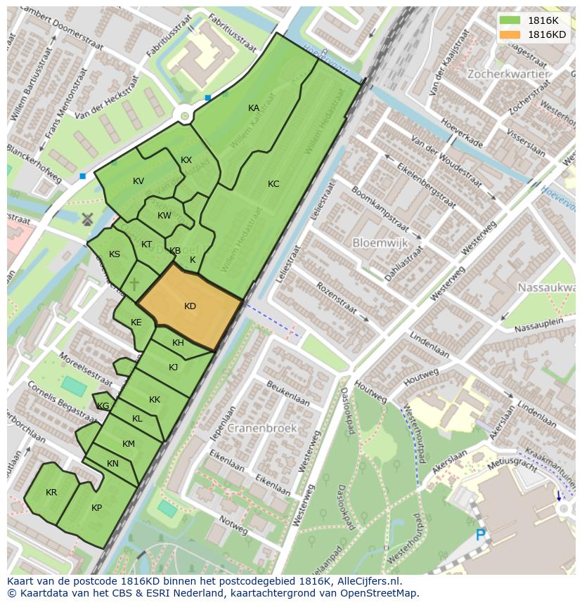 Afbeelding van het postcodegebied 1816 KD op de kaart.