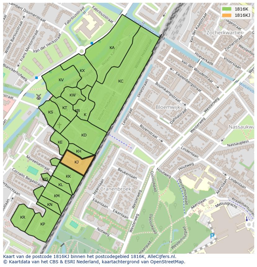 Afbeelding van het postcodegebied 1816 KJ op de kaart.