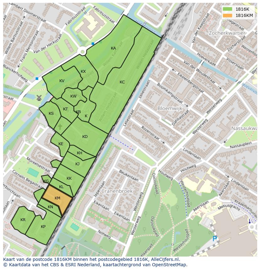 Afbeelding van het postcodegebied 1816 KM op de kaart.