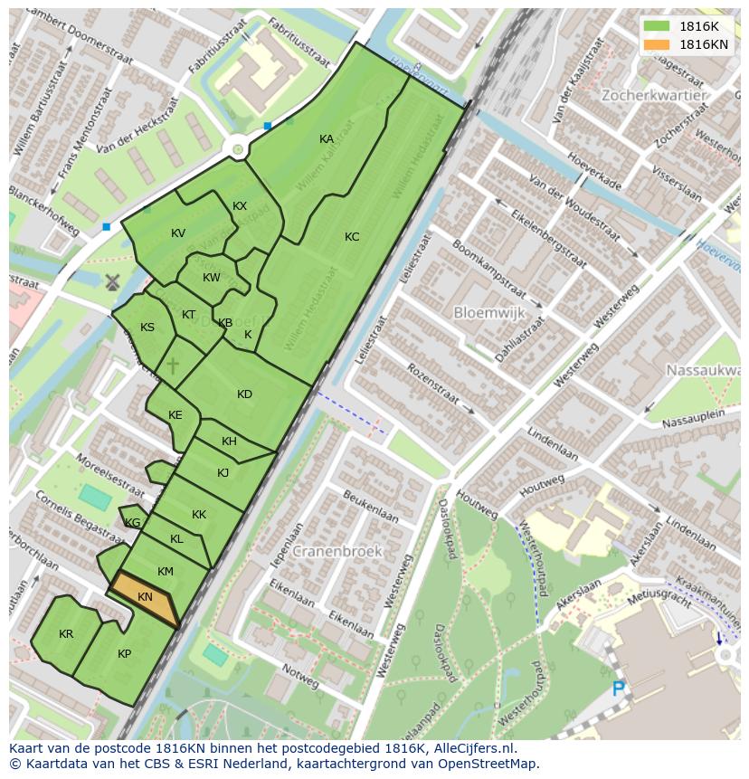 Afbeelding van het postcodegebied 1816 KN op de kaart.