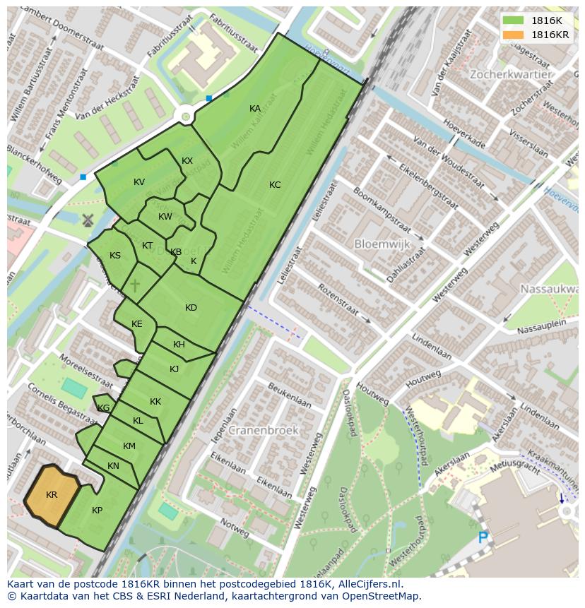Afbeelding van het postcodegebied 1816 KR op de kaart.