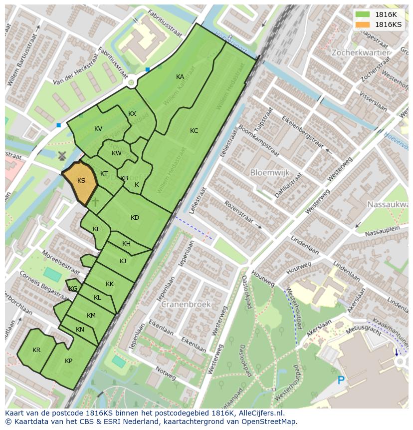 Afbeelding van het postcodegebied 1816 KS op de kaart.