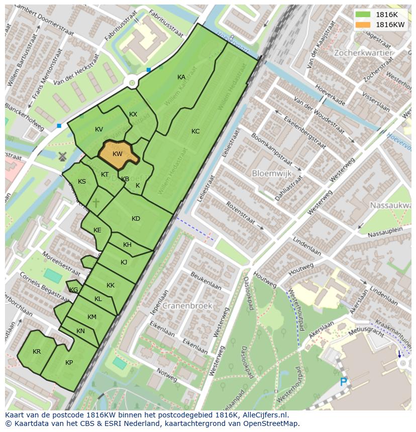 Afbeelding van het postcodegebied 1816 KW op de kaart.