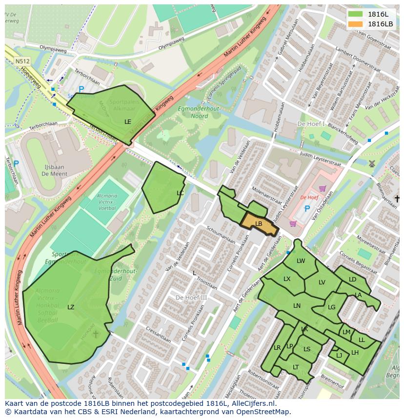 Afbeelding van het postcodegebied 1816 LB op de kaart.