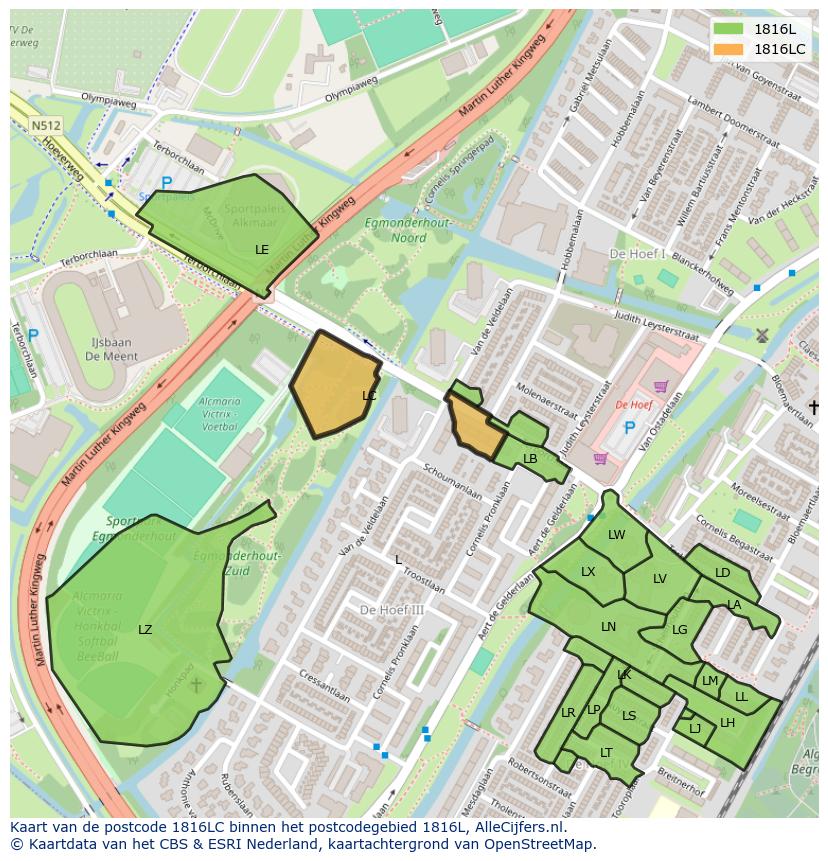 Afbeelding van het postcodegebied 1816 LC op de kaart.