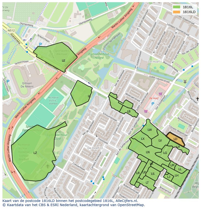 Afbeelding van het postcodegebied 1816 LD op de kaart.