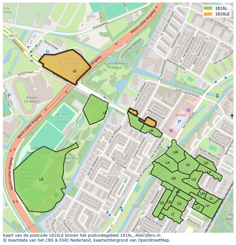 Afbeelding van het postcodegebied 1816 LE op de kaart.
