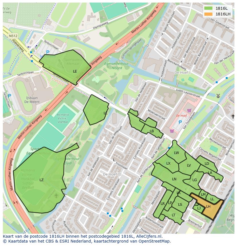 Afbeelding van het postcodegebied 1816 LH op de kaart.
