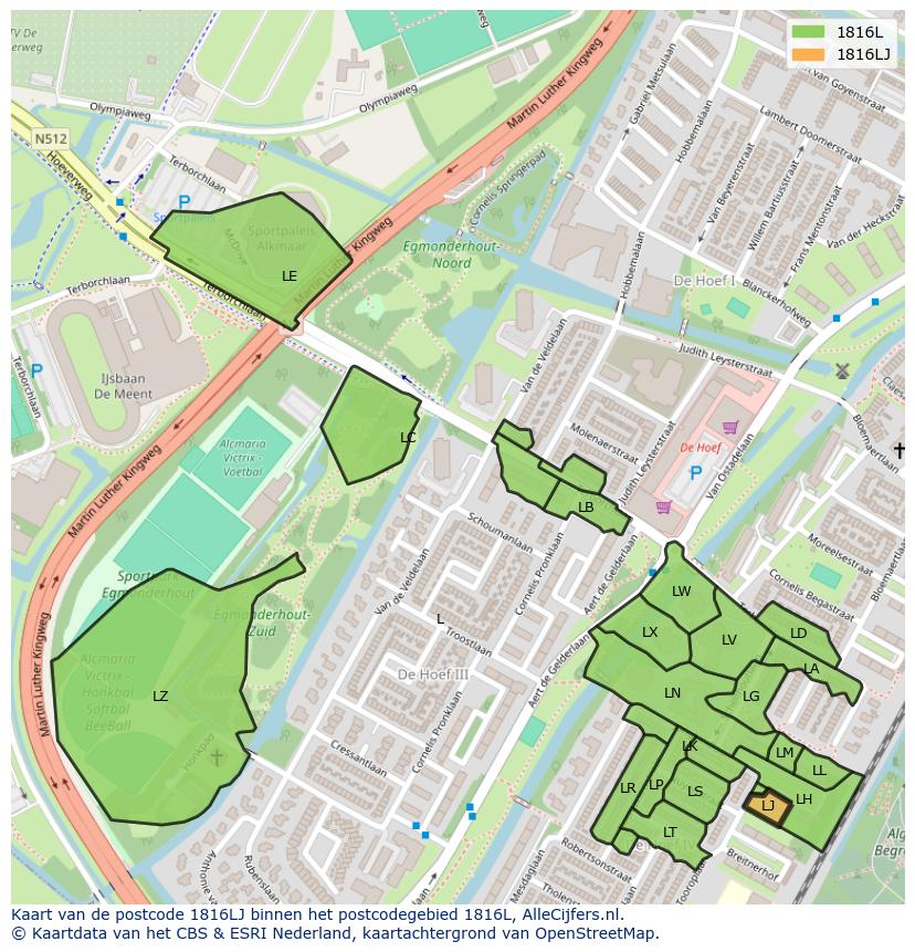 Afbeelding van het postcodegebied 1816 LJ op de kaart.