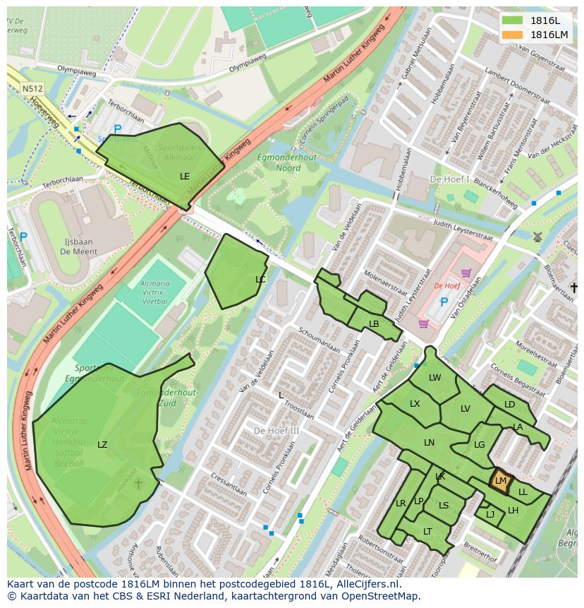 Afbeelding van het postcodegebied 1816 LM op de kaart.