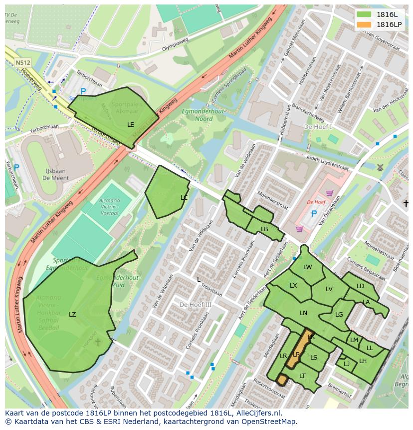 Afbeelding van het postcodegebied 1816 LP op de kaart.