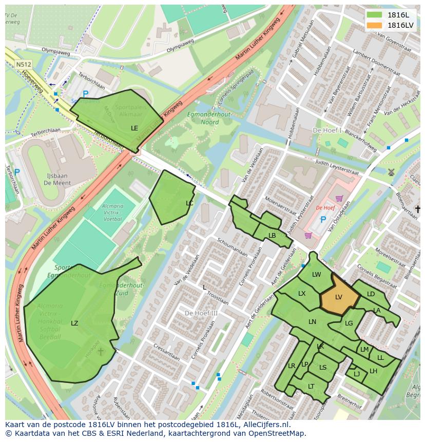 Afbeelding van het postcodegebied 1816 LV op de kaart.