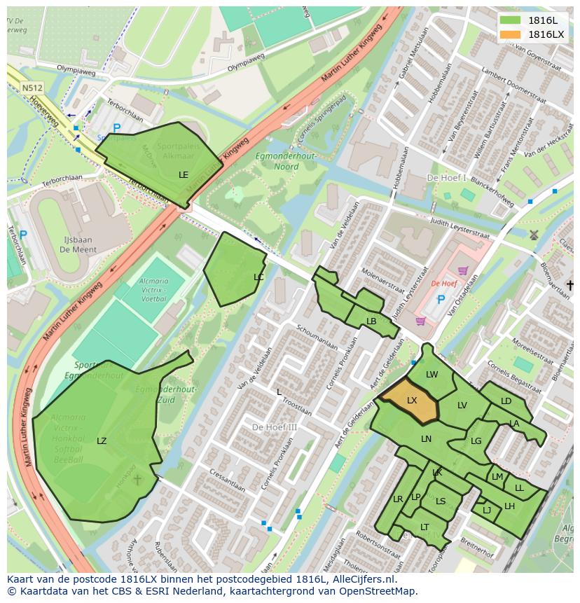Afbeelding van het postcodegebied 1816 LX op de kaart.