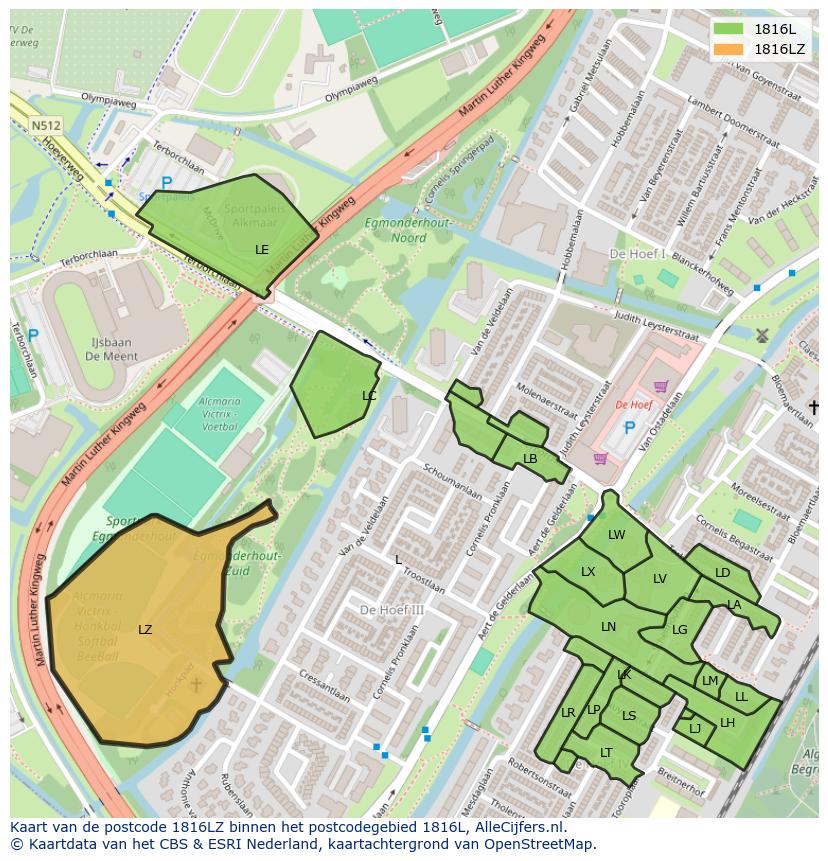 Afbeelding van het postcodegebied 1816 LZ op de kaart.