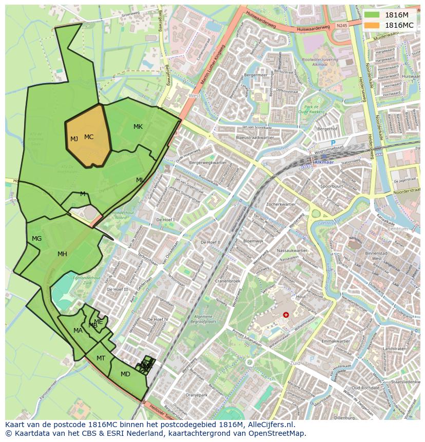 Afbeelding van het postcodegebied 1816 MC op de kaart.
