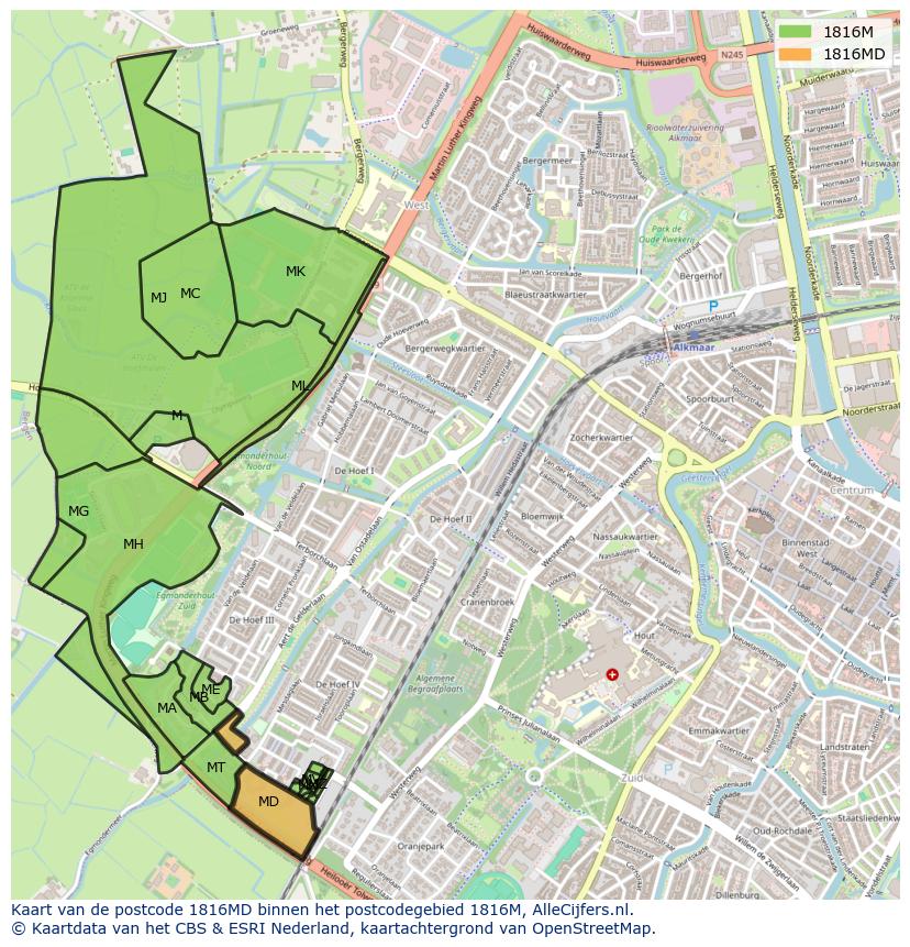 Afbeelding van het postcodegebied 1816 MD op de kaart.