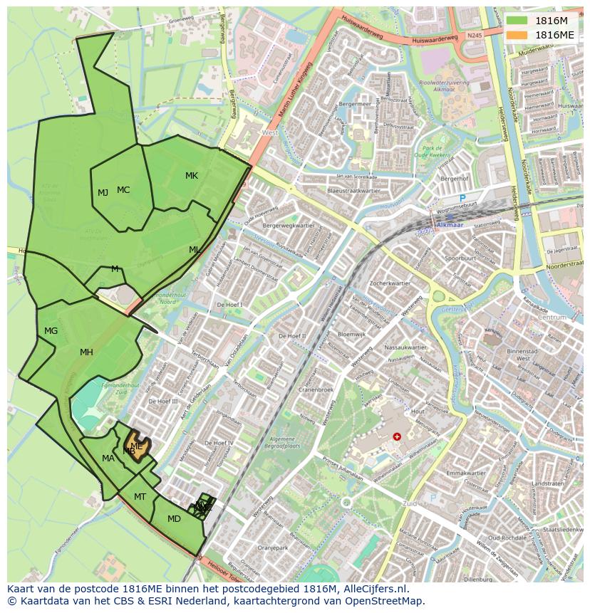 Afbeelding van het postcodegebied 1816 ME op de kaart.