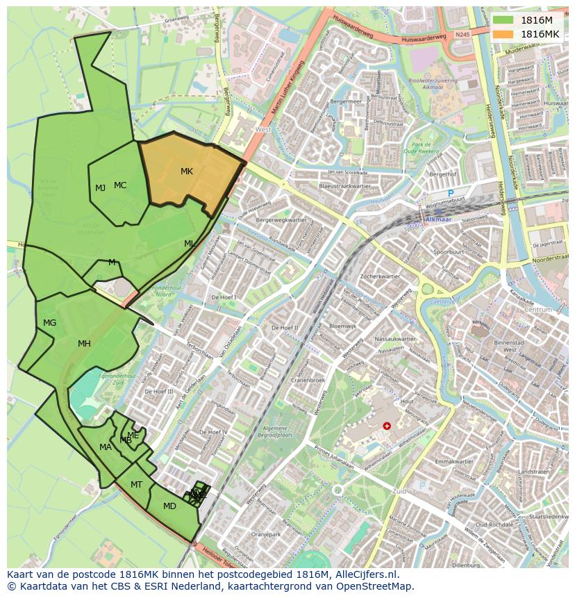 Afbeelding van het postcodegebied 1816 MK op de kaart.
