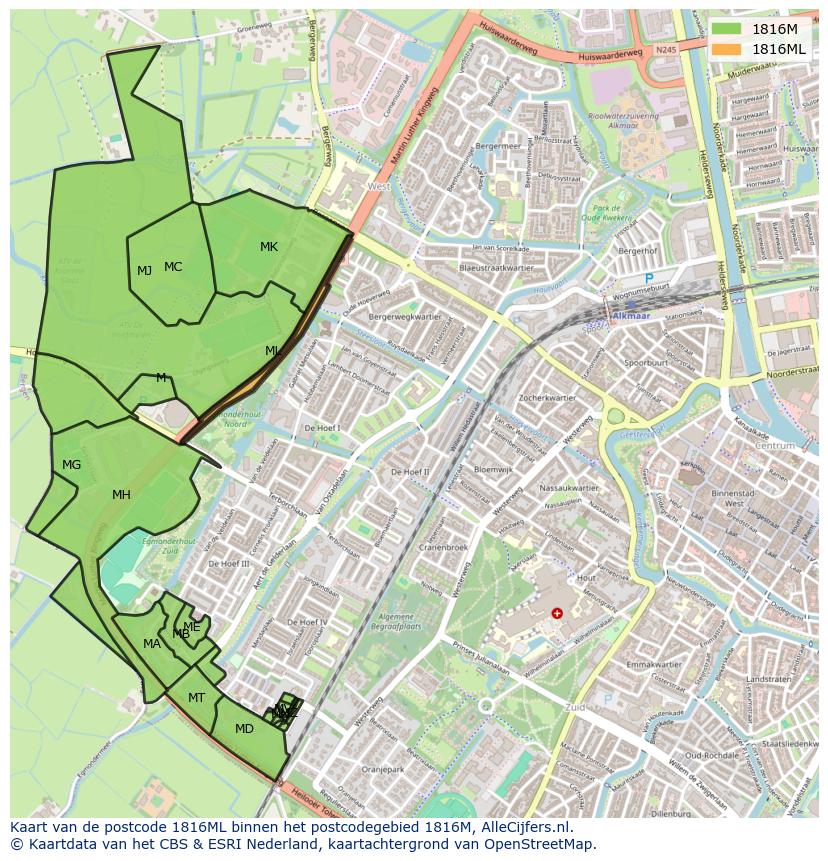 Afbeelding van het postcodegebied 1816 ML op de kaart.
