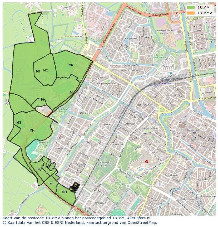 Afbeelding van het postcodegebied 1816 MV op de kaart.