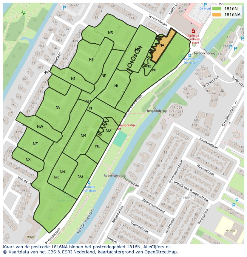 Afbeelding van het postcodegebied 1816 NA op de kaart.