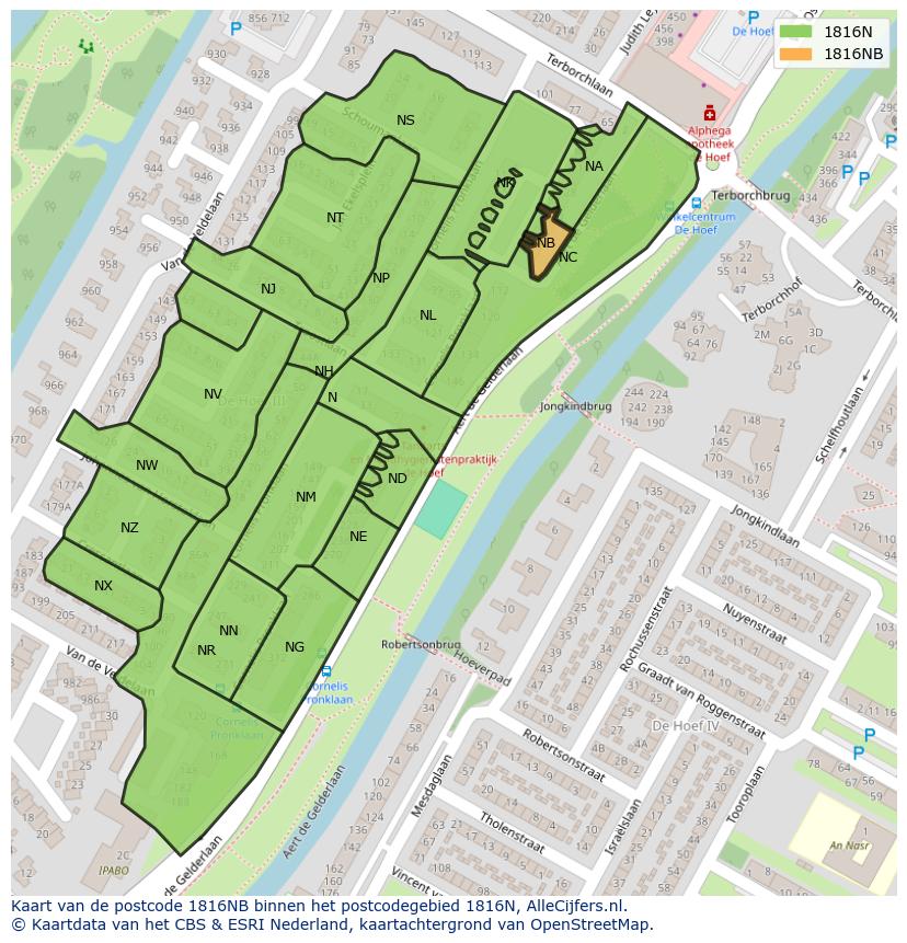 Afbeelding van het postcodegebied 1816 NB op de kaart.