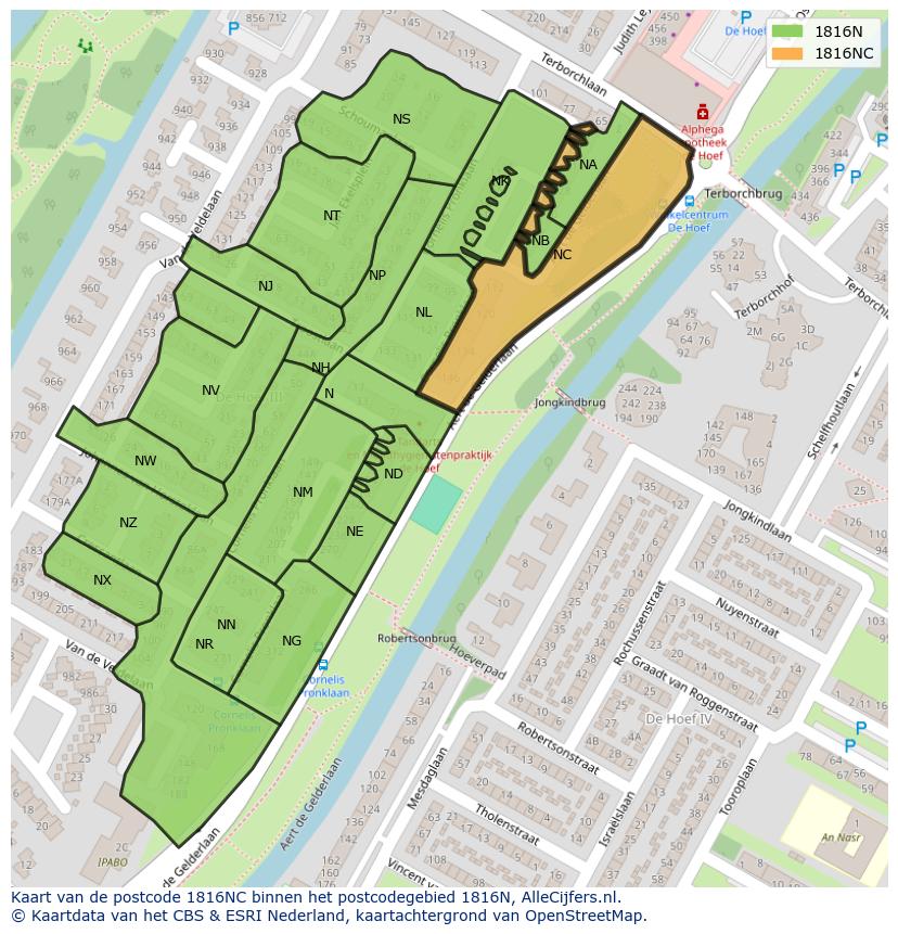 Afbeelding van het postcodegebied 1816 NC op de kaart.