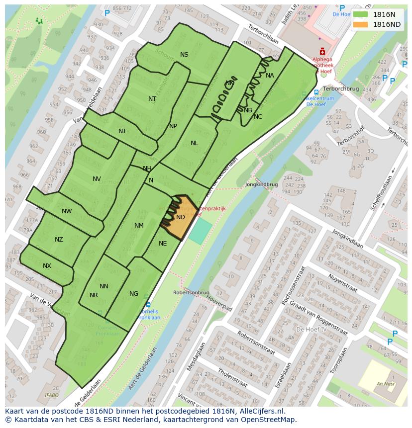 Afbeelding van het postcodegebied 1816 ND op de kaart.