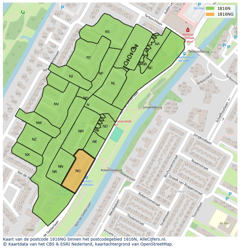 Afbeelding van het postcodegebied 1816 NG op de kaart.