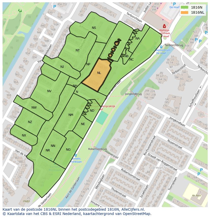 Afbeelding van het postcodegebied 1816 NL op de kaart.