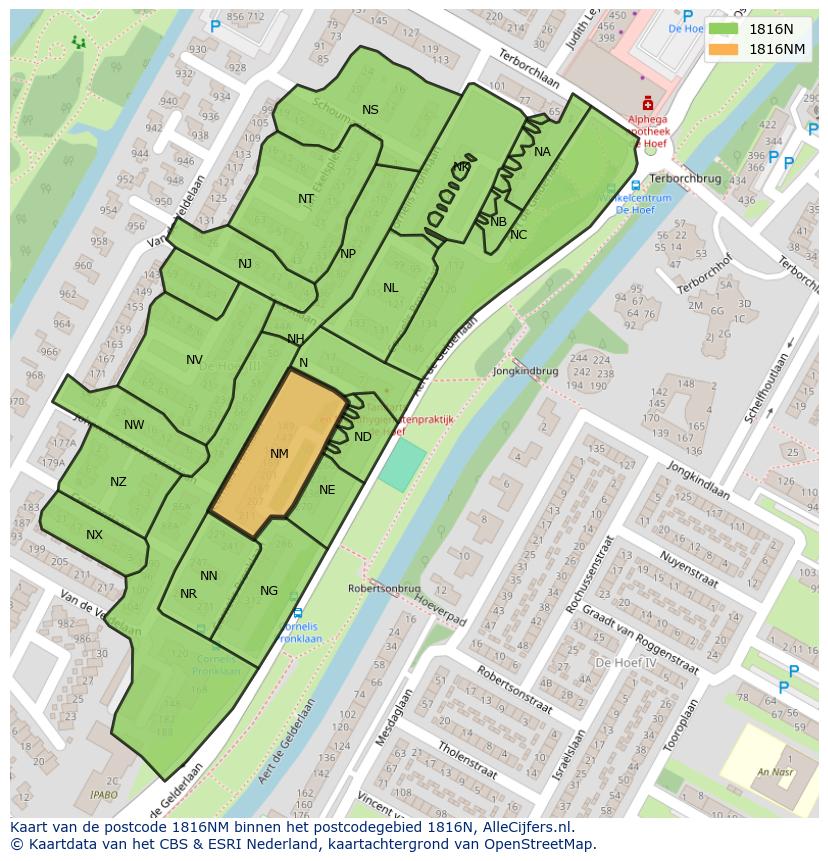 Afbeelding van het postcodegebied 1816 NM op de kaart.