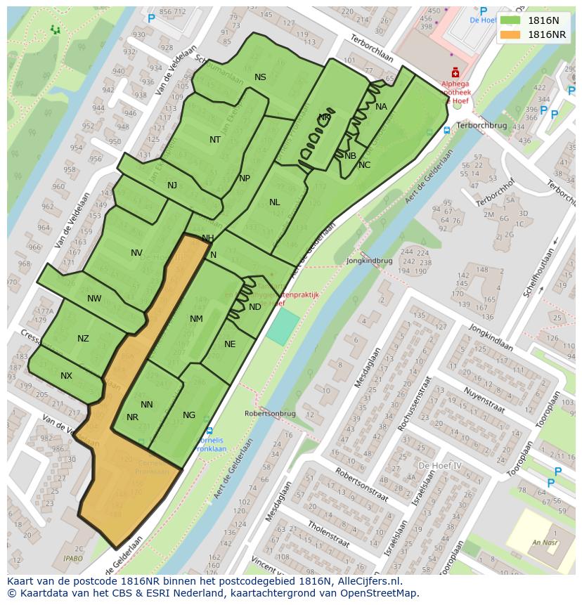 Afbeelding van het postcodegebied 1816 NR op de kaart.