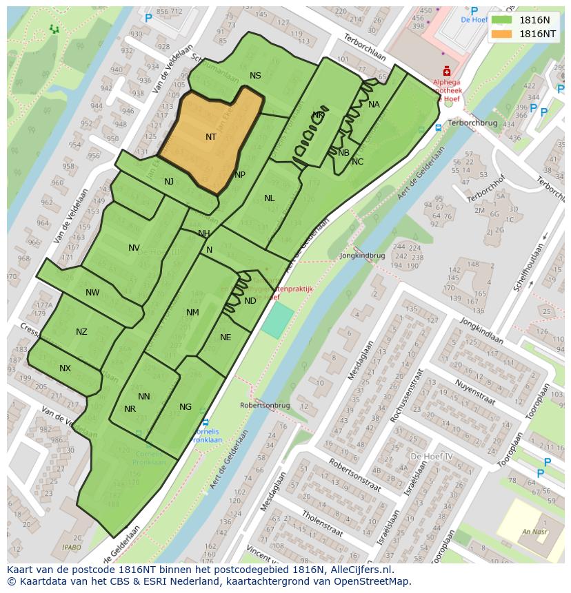Afbeelding van het postcodegebied 1816 NT op de kaart.