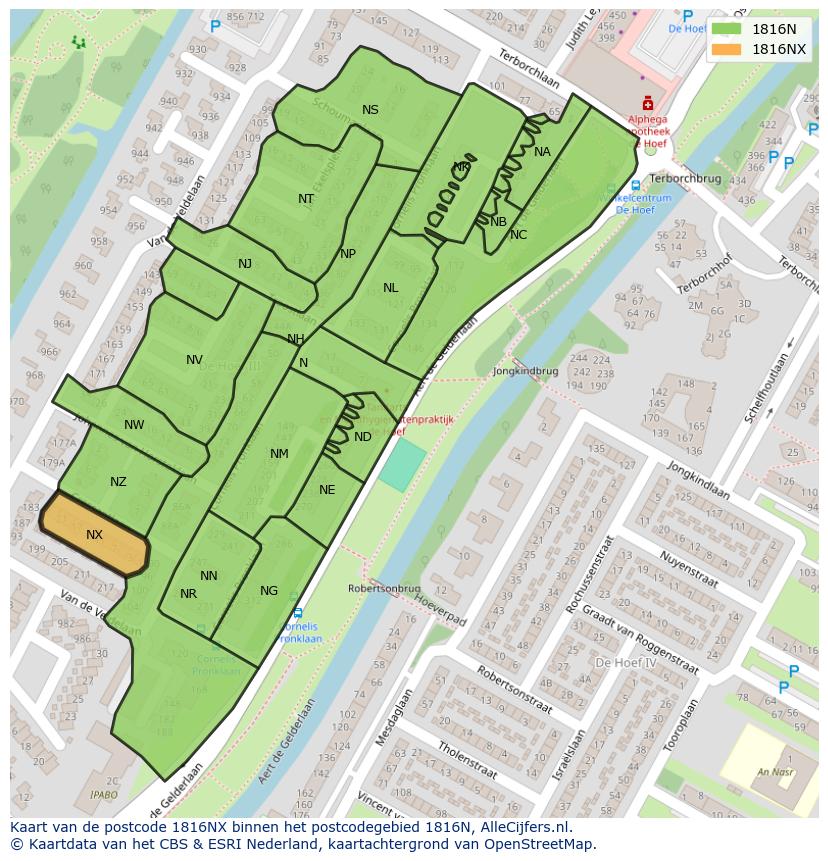 Afbeelding van het postcodegebied 1816 NX op de kaart.