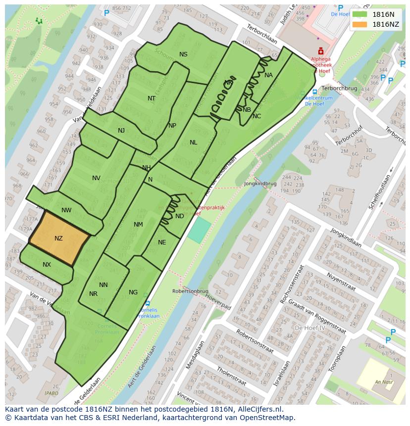 Afbeelding van het postcodegebied 1816 NZ op de kaart.