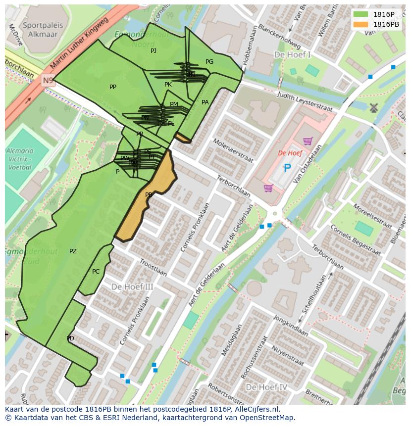 Afbeelding van het postcodegebied 1816 PB op de kaart.