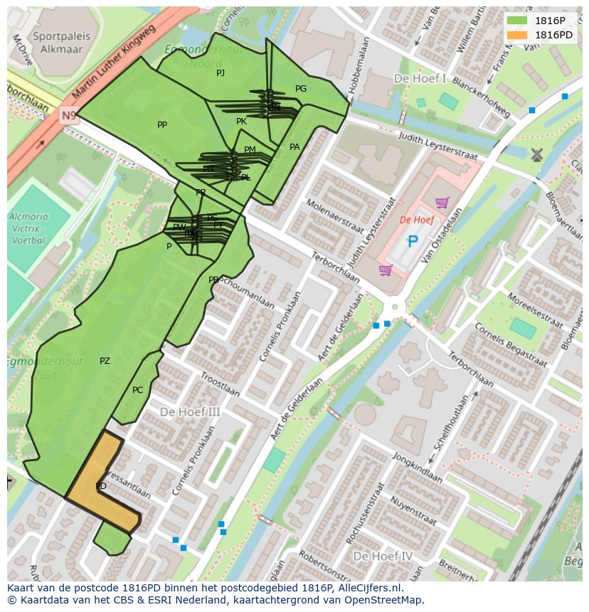 Afbeelding van het postcodegebied 1816 PD op de kaart.