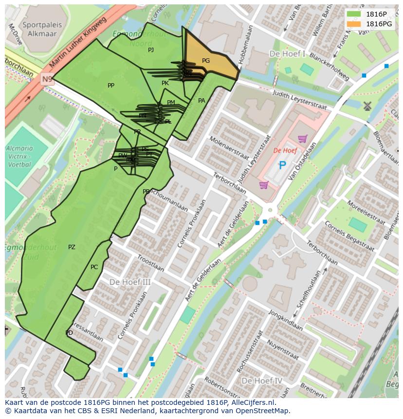 Afbeelding van het postcodegebied 1816 PG op de kaart.