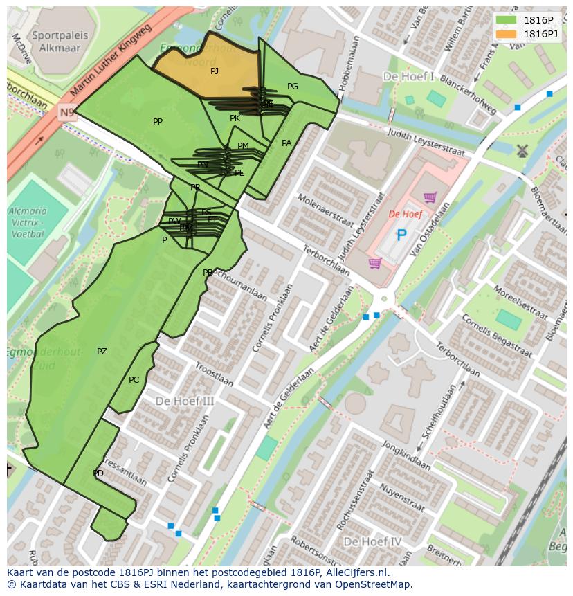 Afbeelding van het postcodegebied 1816 PJ op de kaart.