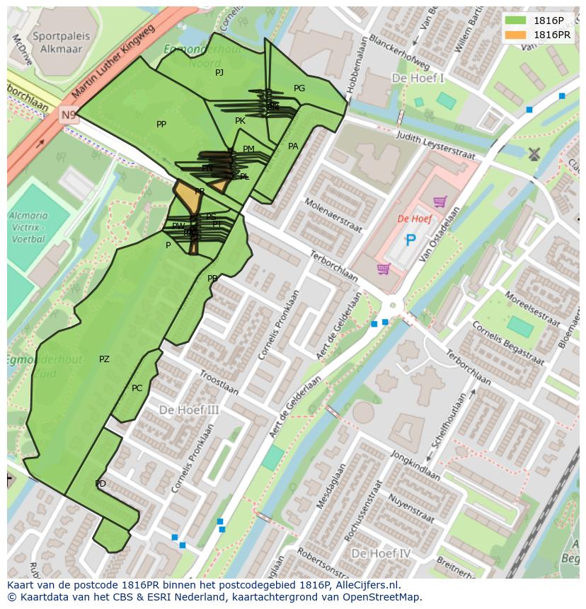 Afbeelding van het postcodegebied 1816 PR op de kaart.