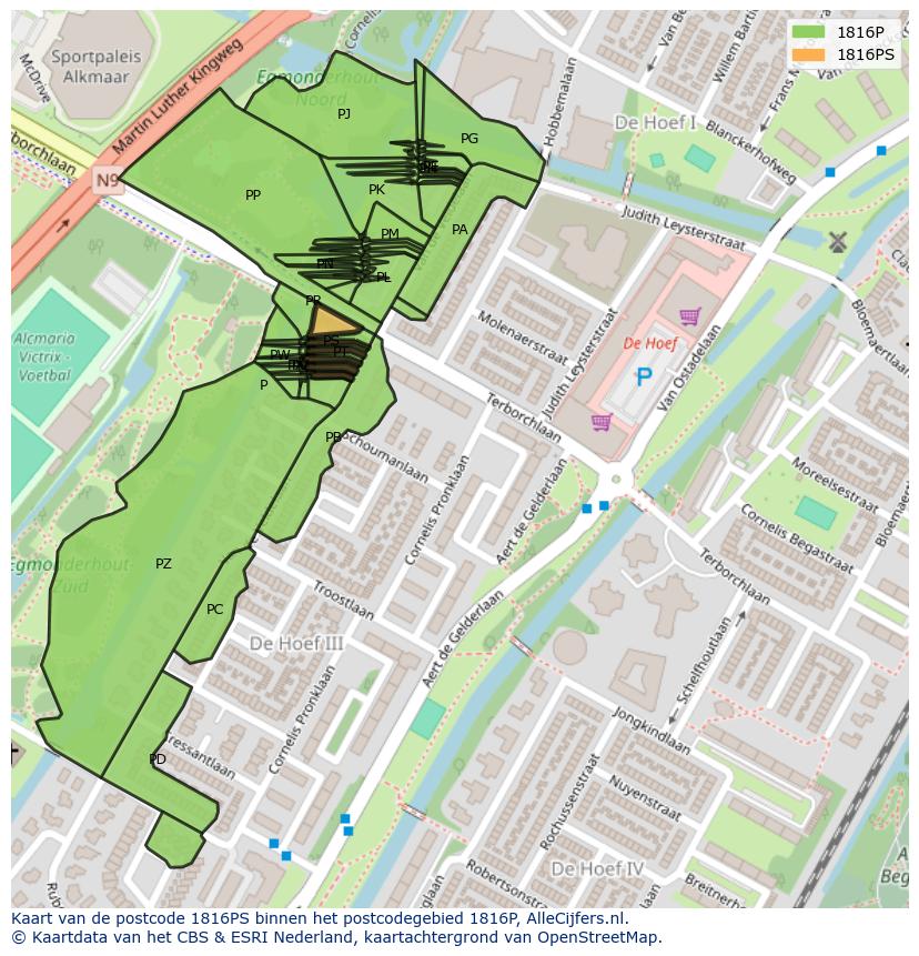 Afbeelding van het postcodegebied 1816 PS op de kaart.